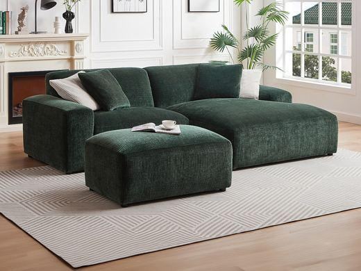 Canapé d'angle droit et pouf en velours côtelé vert sapin TIRONO de Maison Céphy