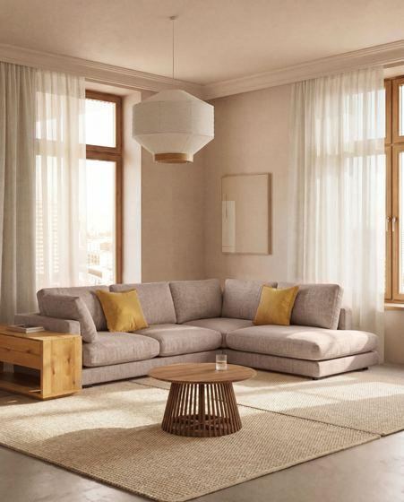 Canapé d’angle Gala 5 places avec pouf terminal gauche en micro-bouclette beige