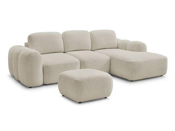 Canapé d'angle convertible coffre MONTAIGNE tissu bouclette avec pouf