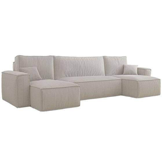Canapé d'angle u convertible 3 places en velours côtelé beige clair