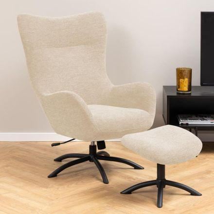 Fauteuil à oreilles pivotant avec repose-pieds en tissu crème