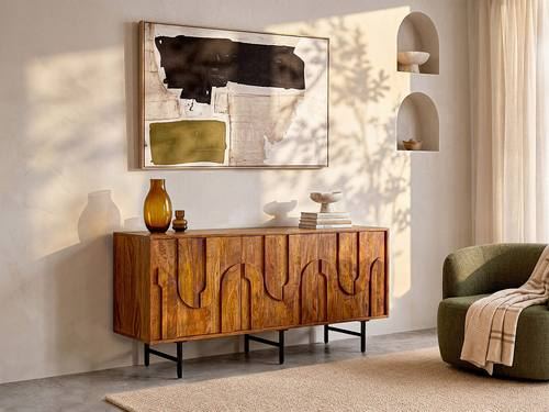 Buffet avec 3 portes en bois de manguier et métal noir - Nat